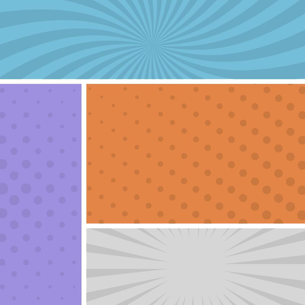 Colorful comic book page background in pop art style. Empty template with rays and dots pattern. Vector illustration