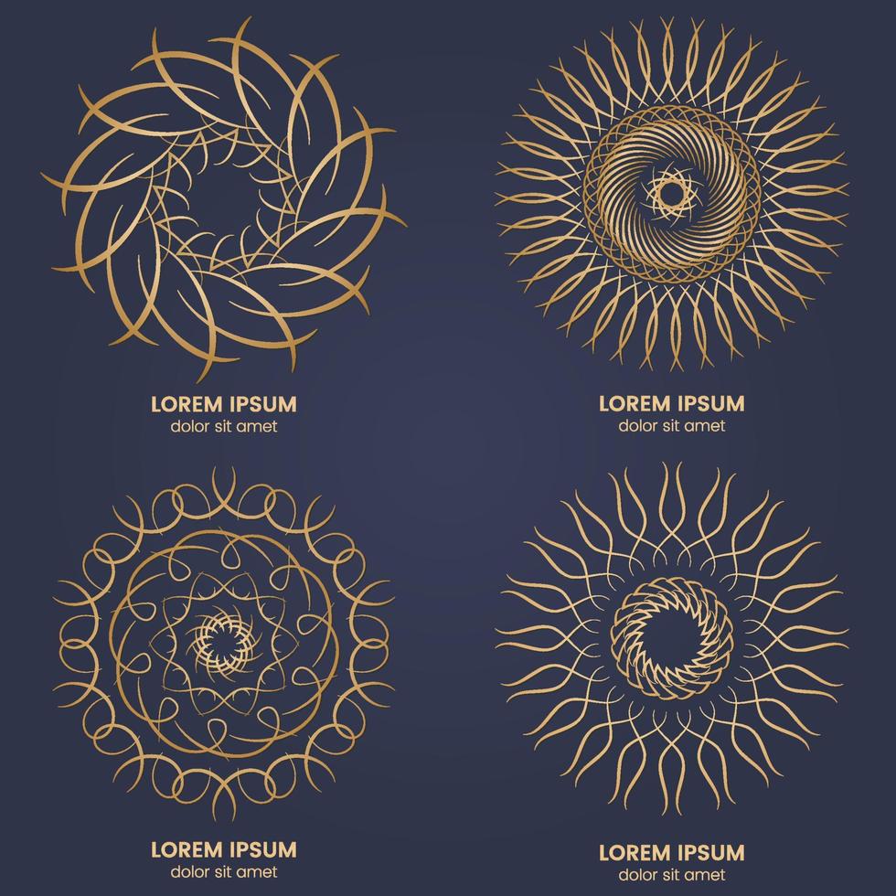 Set of four vintage geometric circular elements. Vector gold monogram on dark blue background. Vector illustration