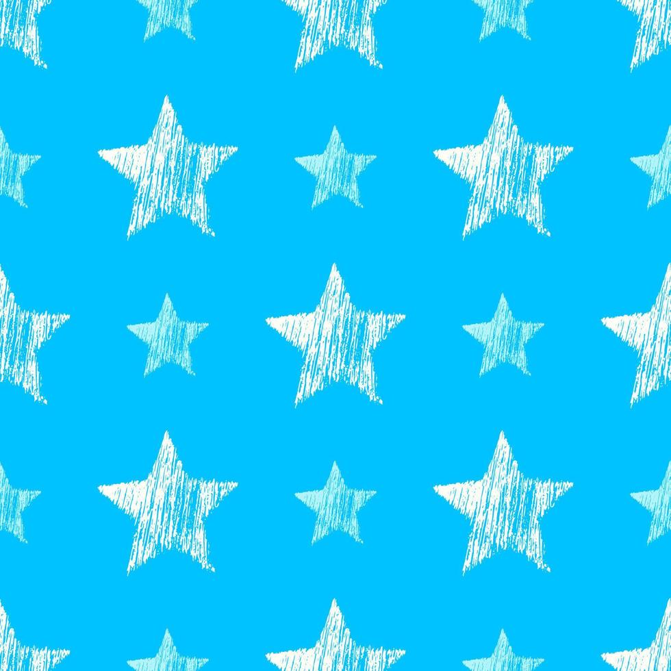 Seamless Pattern with hand drawn white Stars on blue background. Abstract grunge texture. Vector illustration