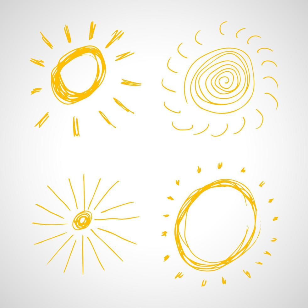 Hand drawn suns. Set of four simple sketch suns. Solar symbol. Yellow doodle isolated on white background. Vector illustration.
