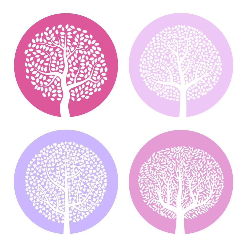 Set of four white trees with leaves on colorful round background. Vector illustration