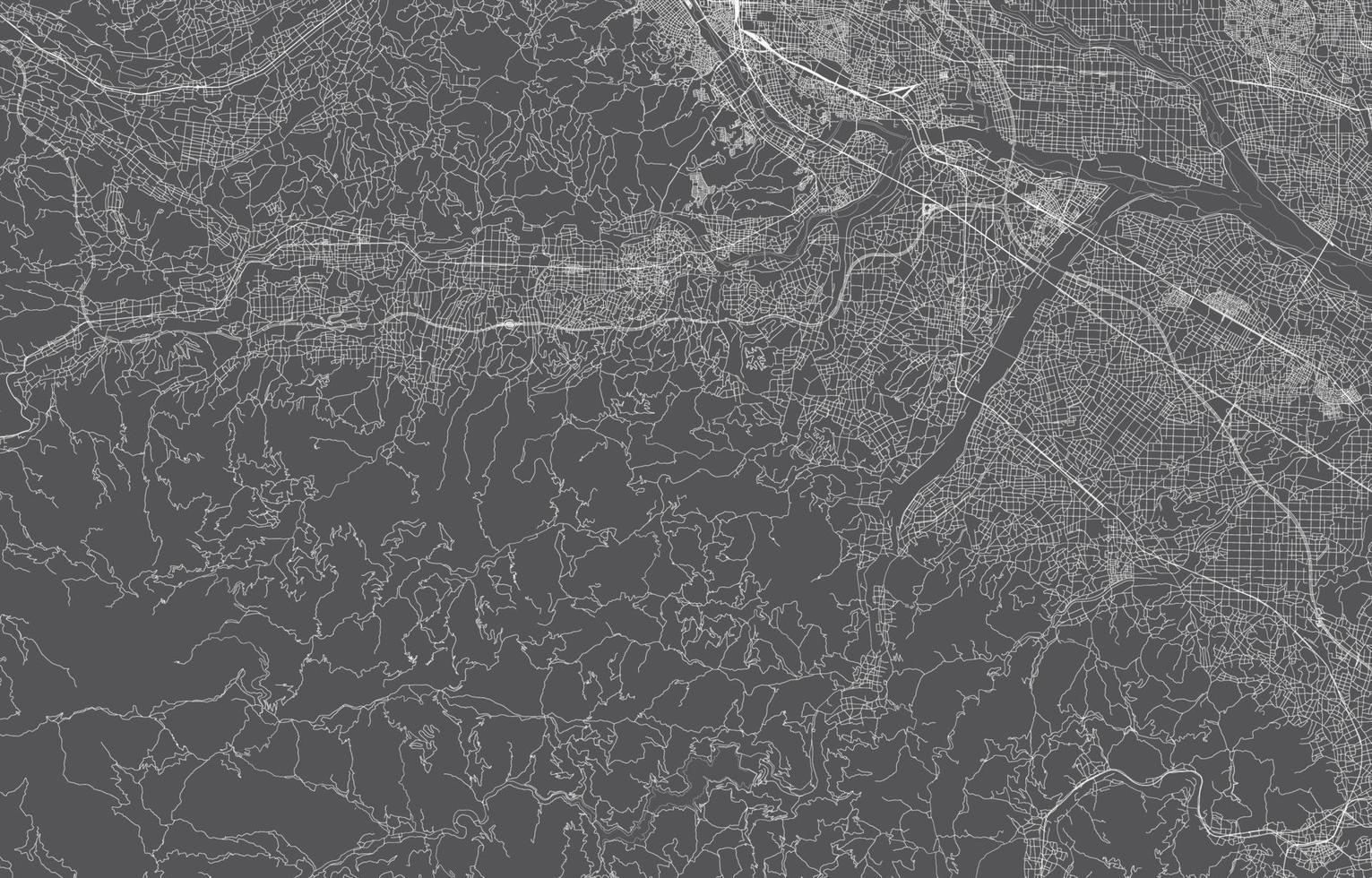 mapa de la ciudad de japón. ilustración vectorial con fondo negro, contorno blanco, escena con ciudad japonesa, pueblo, carretera, calle, mapa urbano, ubicación, punto de referencia, transporte. diseño para impresión, afiche, papel tapiz. vector
