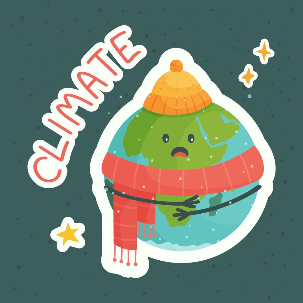 Vector illustration of the concept of the planet of the character in clothes. The cold climate on planet Earth. Ecological problem.