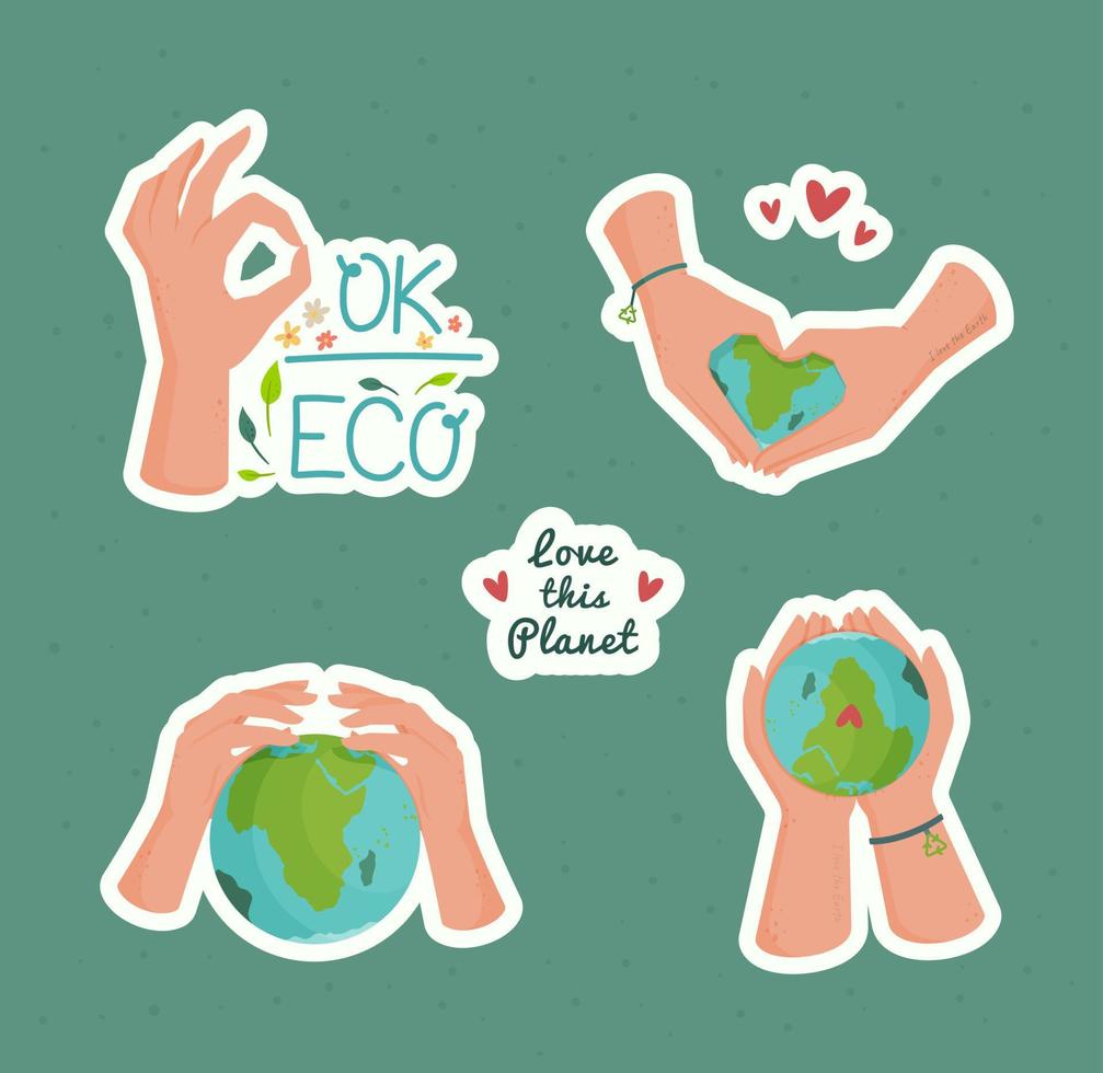 Set of stickers with girl's hands about environmental protection. vector