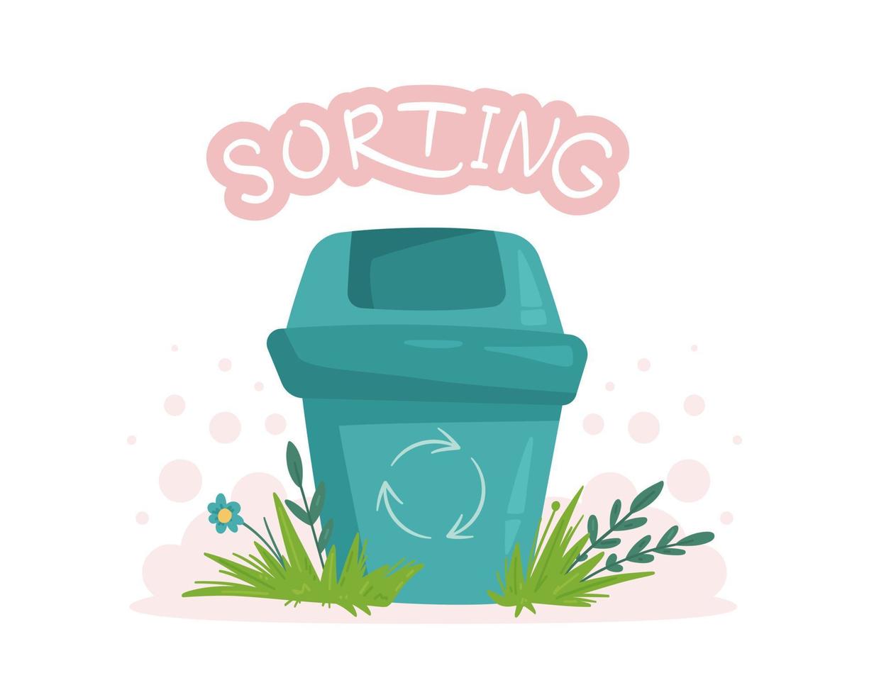 Vector illustration of a paper recycling bin standing on the grass. Trash can for recycling.