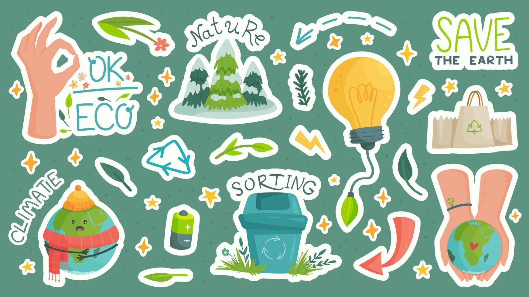 conjunto vectorial de pegatinas sobre ecología y conservación de recursos. paquete de pegatinas moderno en un estilo plano. elementos del hombre y la naturaleza en interacción para el bien. vector