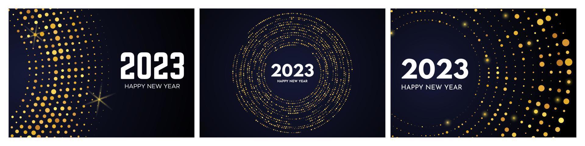2023 Happy New Year of gold glitter pattern in circle form. Set of three abstract gold glowing halftone dotted backgrounds for Christmas holiday greeting card on dark background. Vector illustration