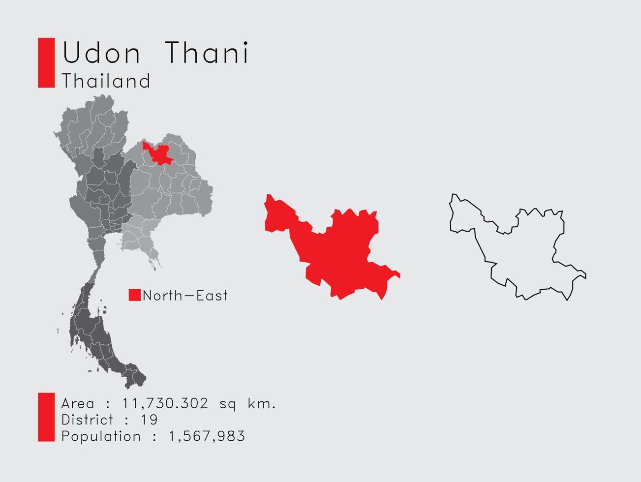 posición de udon thani en tailandia un conjunto de elementos infográficos para la provincia. y la población y el contorno del distrito del área. vectorial con fondo gris. vector