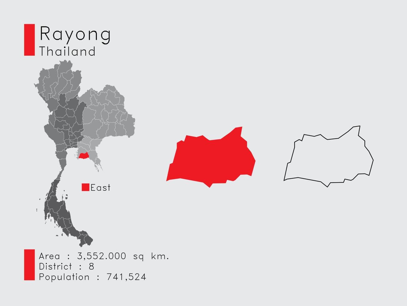 posición de rayong en tailandia un conjunto de elementos infográficos para la provincia. y la población y el contorno del distrito del área. vectorial con fondo gris. vector