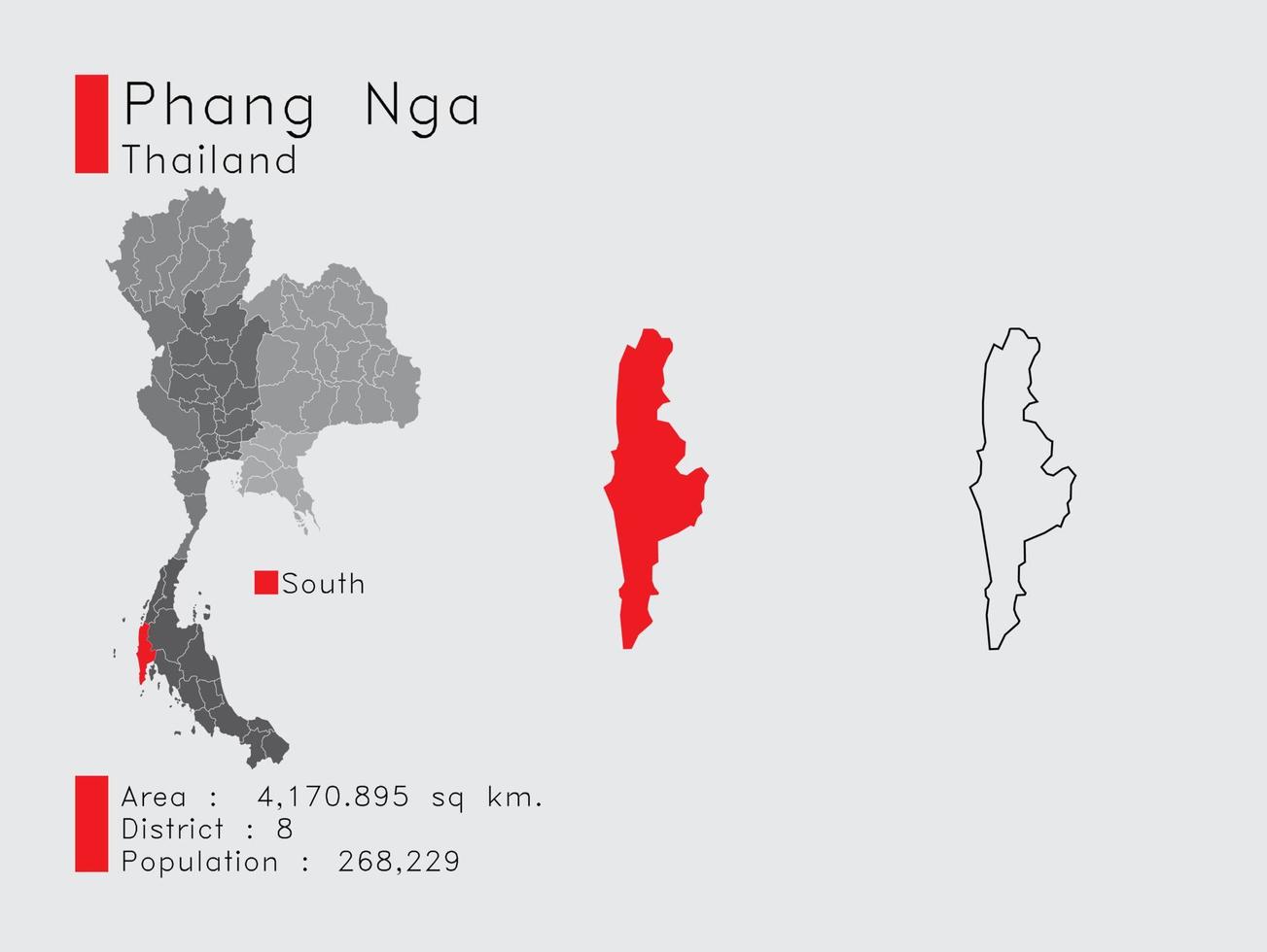 posición de phang nga en tailandia un conjunto de elementos infográficos para la provincia. y la población y el contorno del distrito del área. vectorial con fondo gris. vector