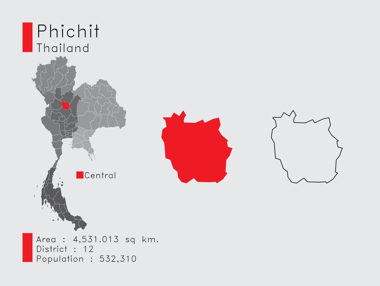 posición de phichit en tailandia un conjunto de elementos infográficos para la provincia. y la población y el contorno del distrito del área. vectorial con fondo gris. vector