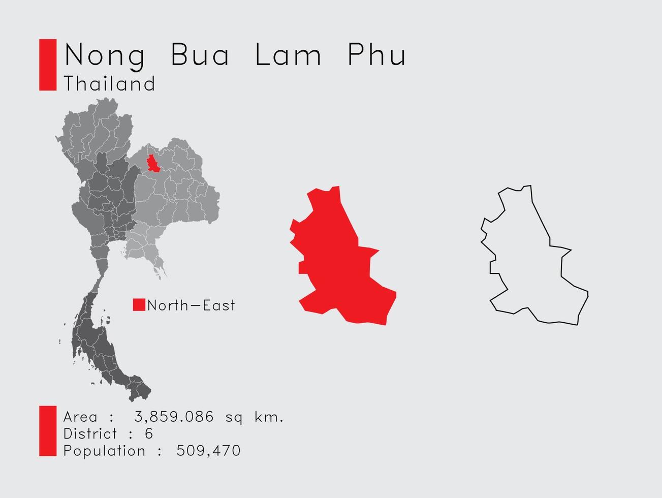 posición de nong bua lam phu en tailandia un conjunto de elementos infográficos para la provincia. y la población y el contorno del distrito del área. vectorial con fondo gris. vector