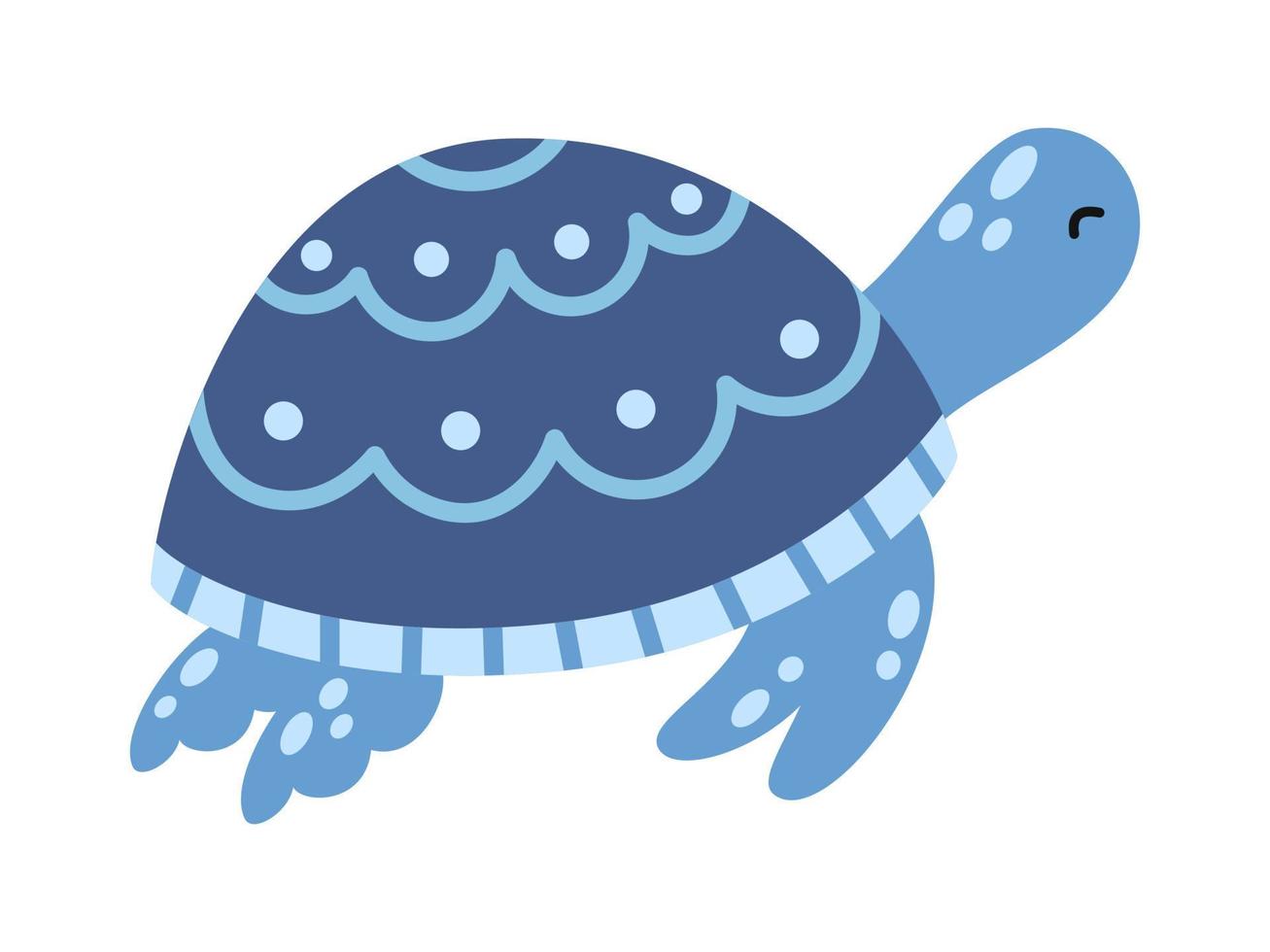 Vector blue sea turtle. Cute marine life animal in flat design. Ocean tortoise swimming in water.