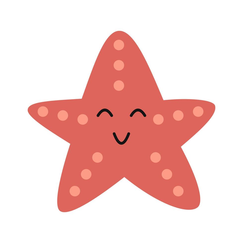 Vector red starfish. Cute marine life animal in flat design. Smiling starfish with dots.