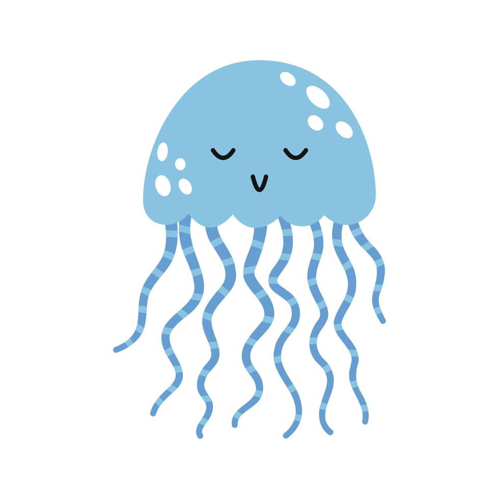 Vector cute blue jellyfish. Marine life animal in flat design. Marine underwater medusa. Transparent creature. Smiling jellyfish with striped tentacles.