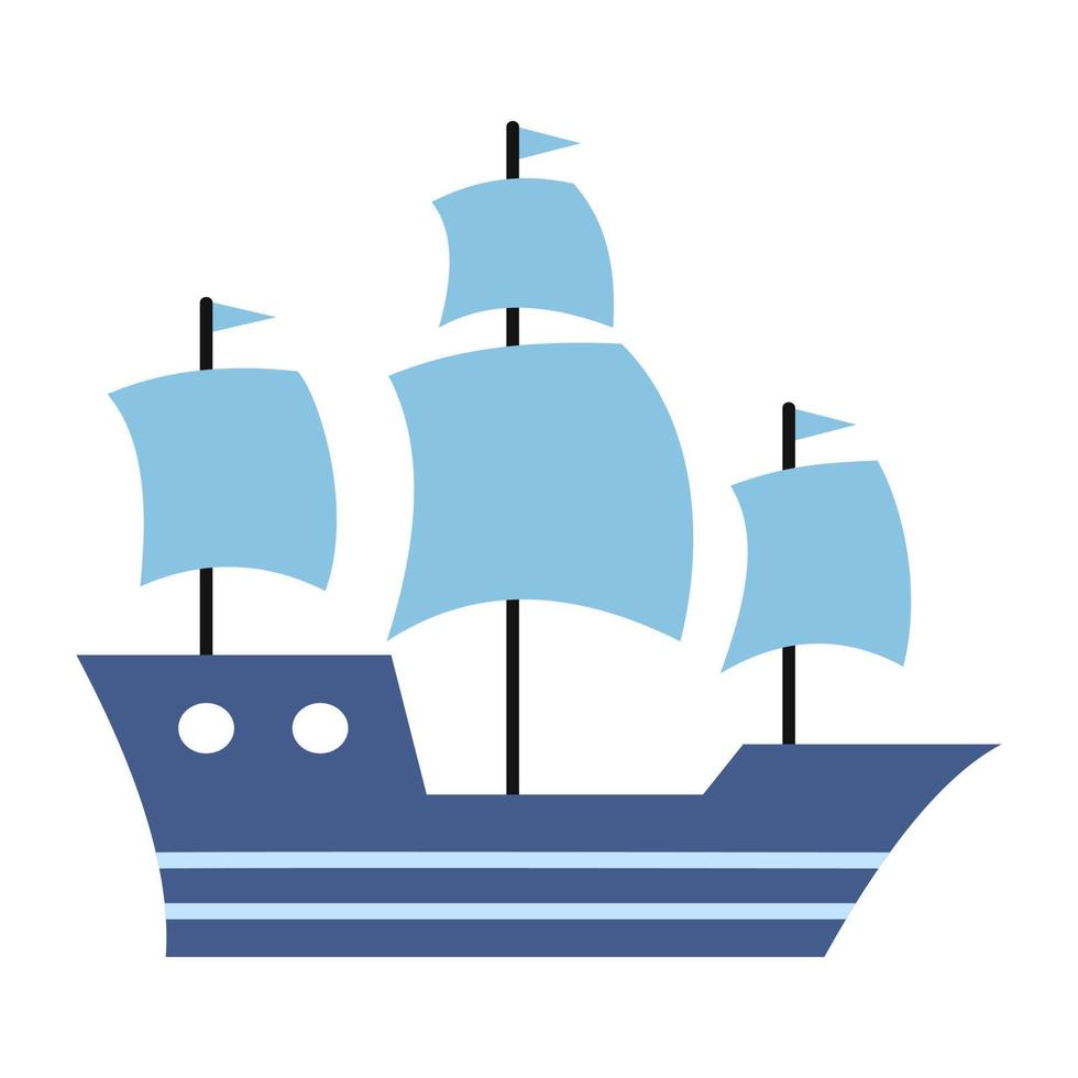 Vector cute blue sailboat. Sea ship with sails. Sea research transport.