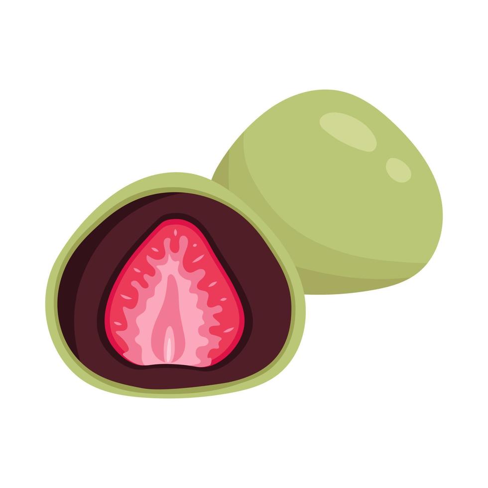 Vector illustration of green tea mochi with strawberry. Japanese traditional matcha dessert. Asian food.