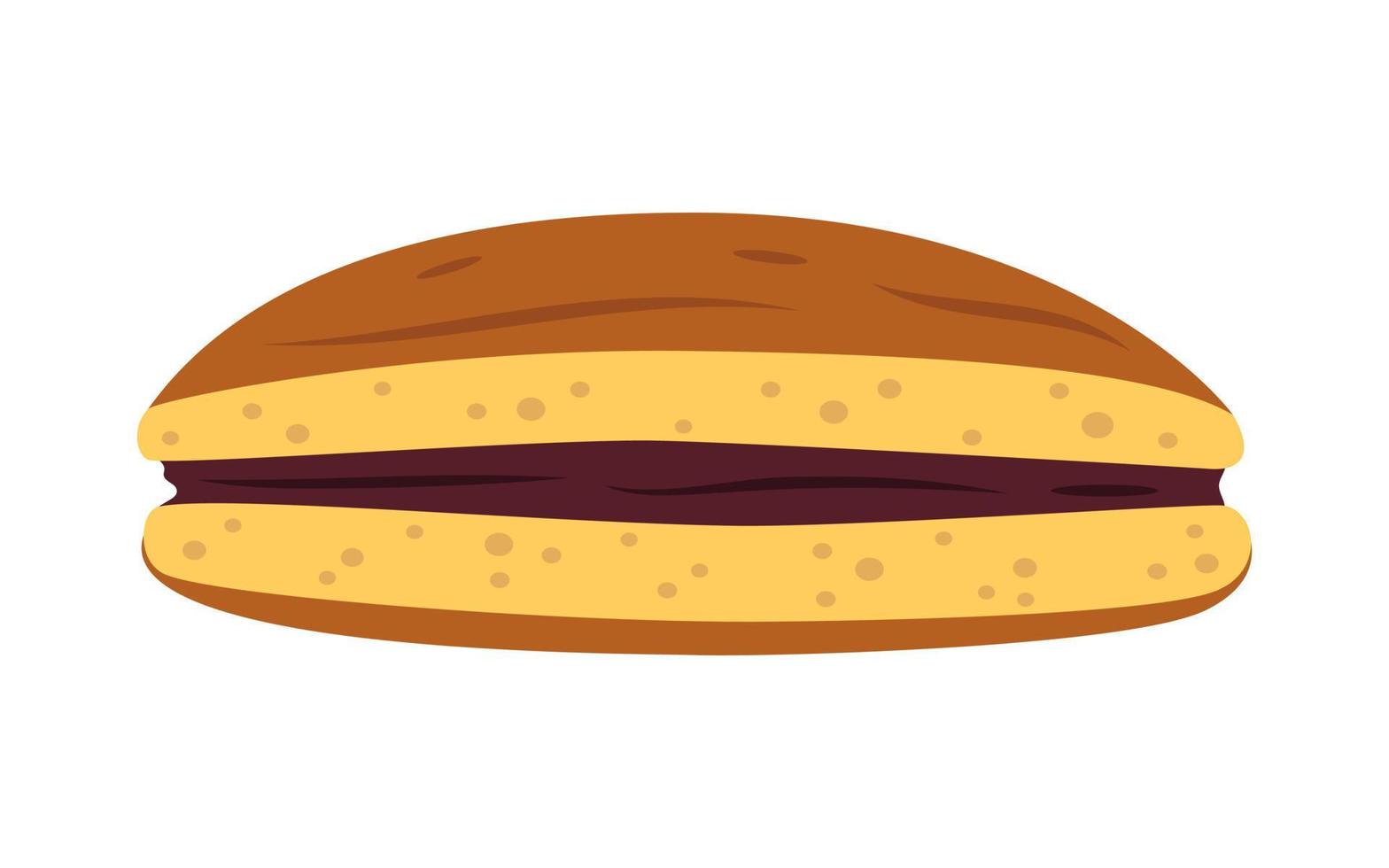 Vector japanese broken in half dorayaki pancake with brown azuki bean paste. Japanese traditional dessert. Asian food.