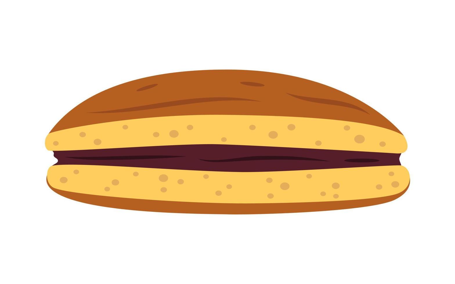 vector japonés roto en medio panqueque dorayaki con pasta de frijol azuki marrón. postre tradicional japonés. comida asiática.