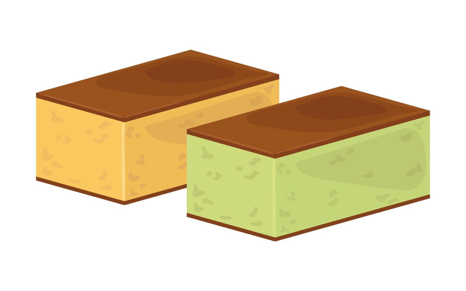 Vector set of two kasutera or castella. Illustration of japanese dessert. Asian food. Japanese traditional yellow and green tea sponge cakes.