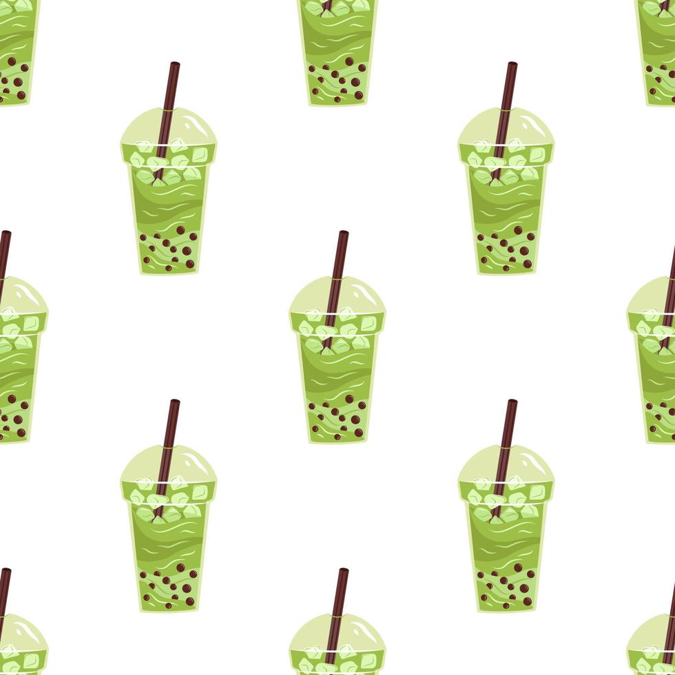 Vector seamless pattern with matcha bubble tea. White background with green tea. Asian food. Japanese dessert.