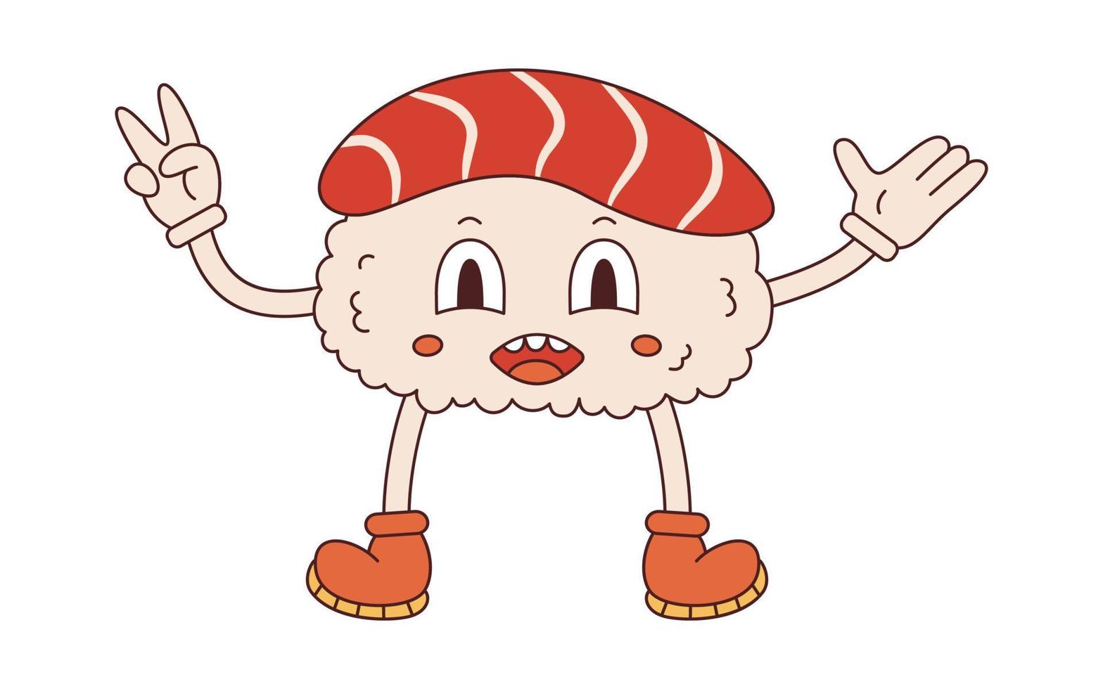 Vector funky sushi in retro style. Groovy nigiri sushi mascot. Hippie character sushi 70s.