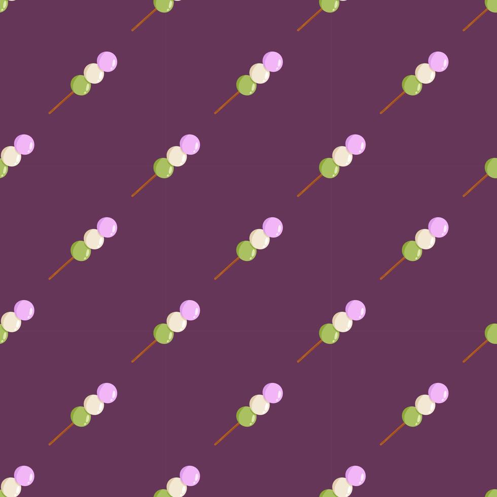 Vector seamless pattern with pink, white and green dango. Dark background with japanese traditional dessert with 3 different colors. Asian food. Hanami Dango.
