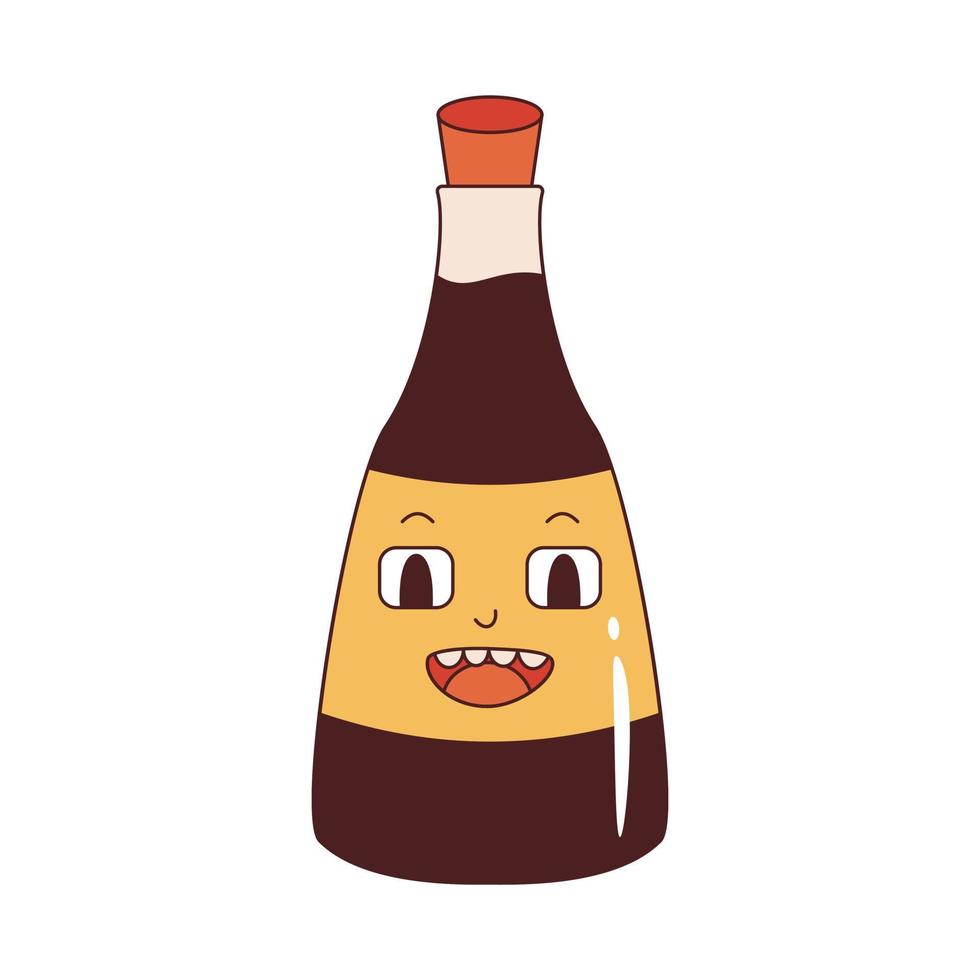 Vector soy sauce in retro style. Groovy soy sauce mascot. Hippie soy character 70s.