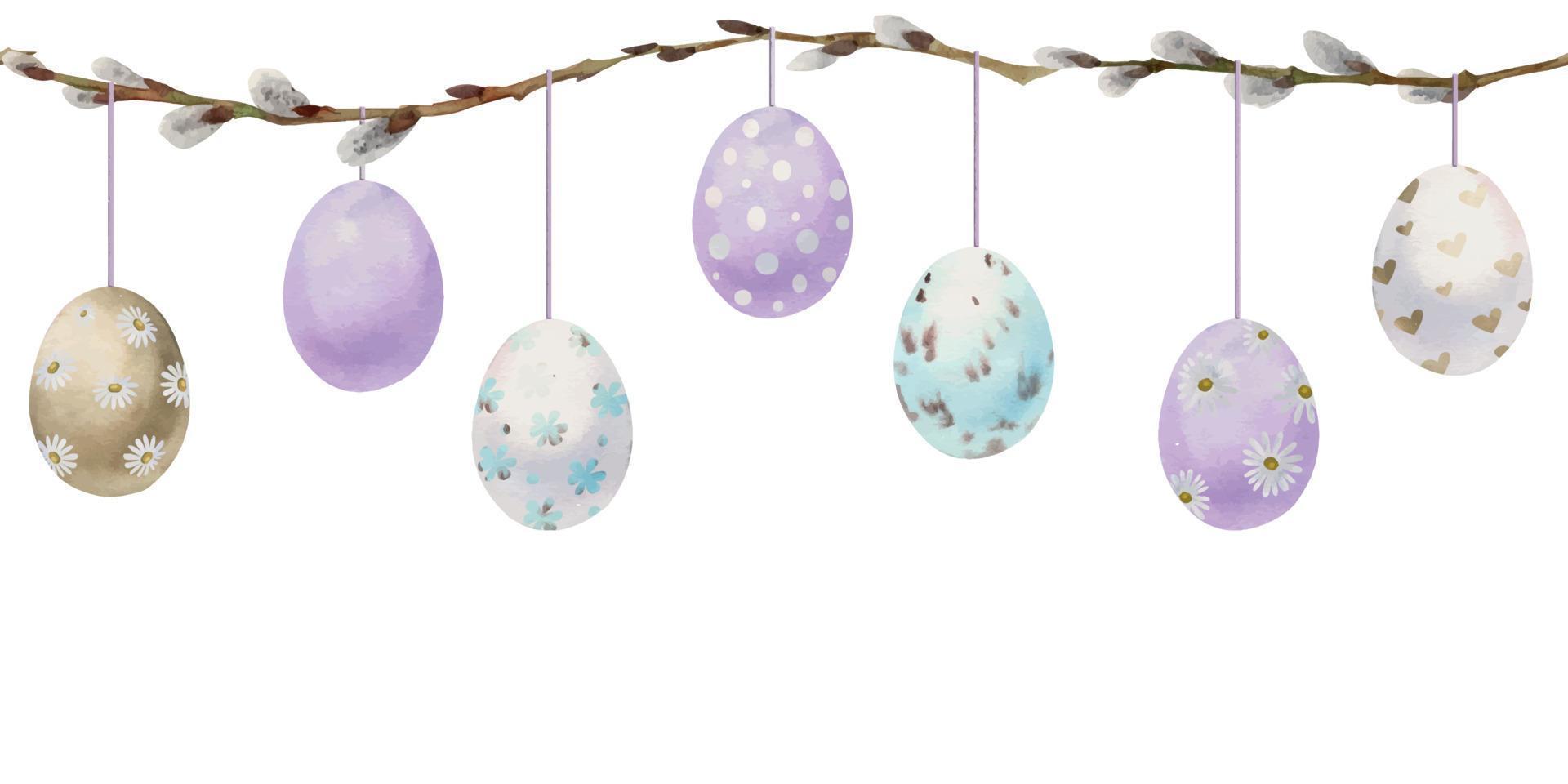 Watercolor hand drawn Easter celebration clipart. Seamless border with garland hanging eggs, bows, spring leaves. Isolated on white background. Invitations, gifts, greeting cards, print, textile vector