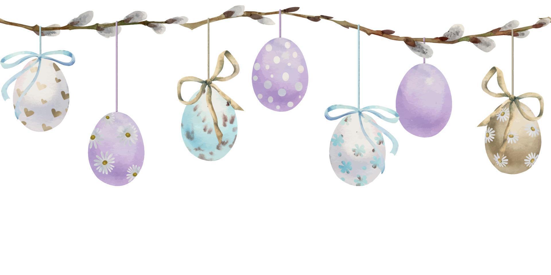 Watercolor hand drawn Easter celebration clipart. Seamless border with garland hanging eggs, bows, spring leaves. Isolated on white background. Invitations, gifts, greeting cards, print, textile vector