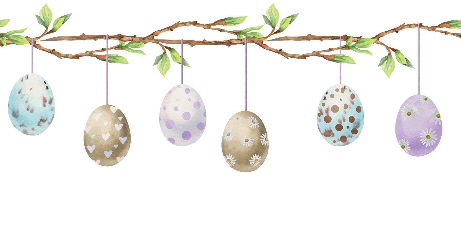 Watercolor hand drawn Easter celebration clipart. Seamless border with garland hanging eggs, bows, spring leaves. Isolated on white background. Invitations, gifts, greeting cards, print, textile vector