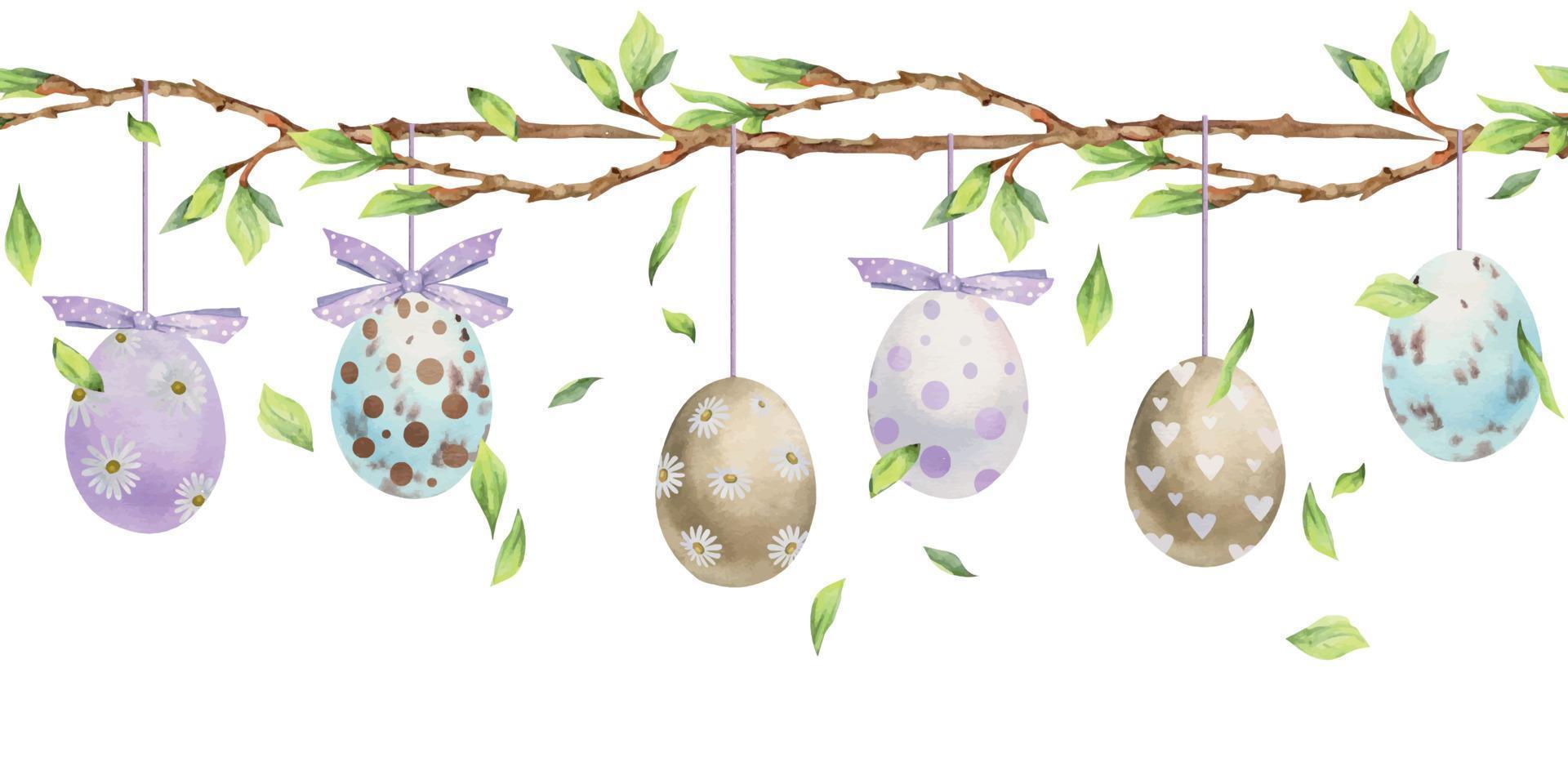 Watercolor hand drawn Easter celebration clipart. Seamless border with garland hanging eggs, bows, spring leaves. Isolated on white background. Invitations, gifts, greeting cards, print, textile vector