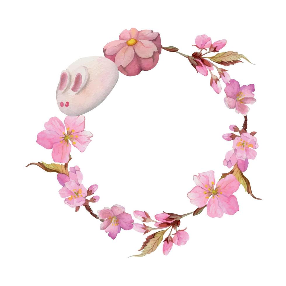 Watercolor hand drawn traditional Japanese sweets. Circle wreath of spring wagashi, sakura blossom Isolated on white background. Design for invitations, restaurant menu, greeting cards, print, textile vector
