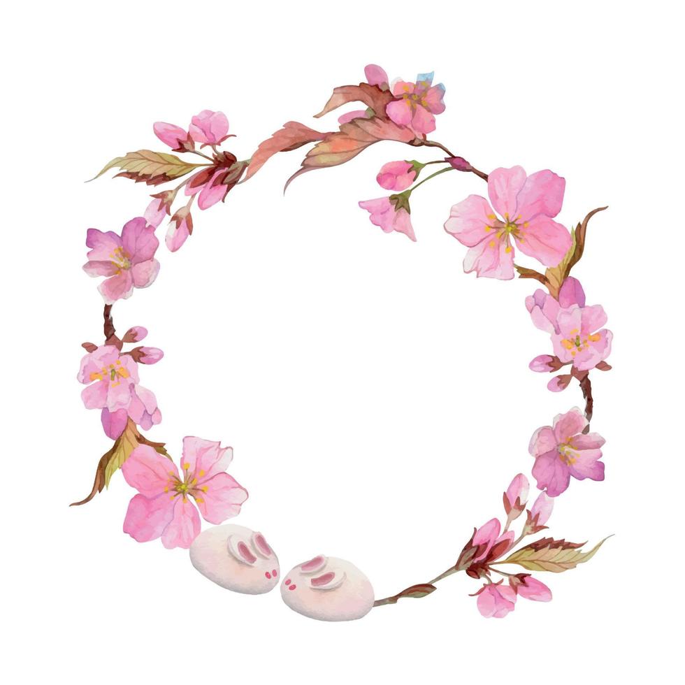 Watercolor hand drawn traditional Japanese sweets. Circle wreath of spring wagashi, sakura blossom Isolated on white background. Design for invitations, restaurant menu, greeting cards, print, textile vector