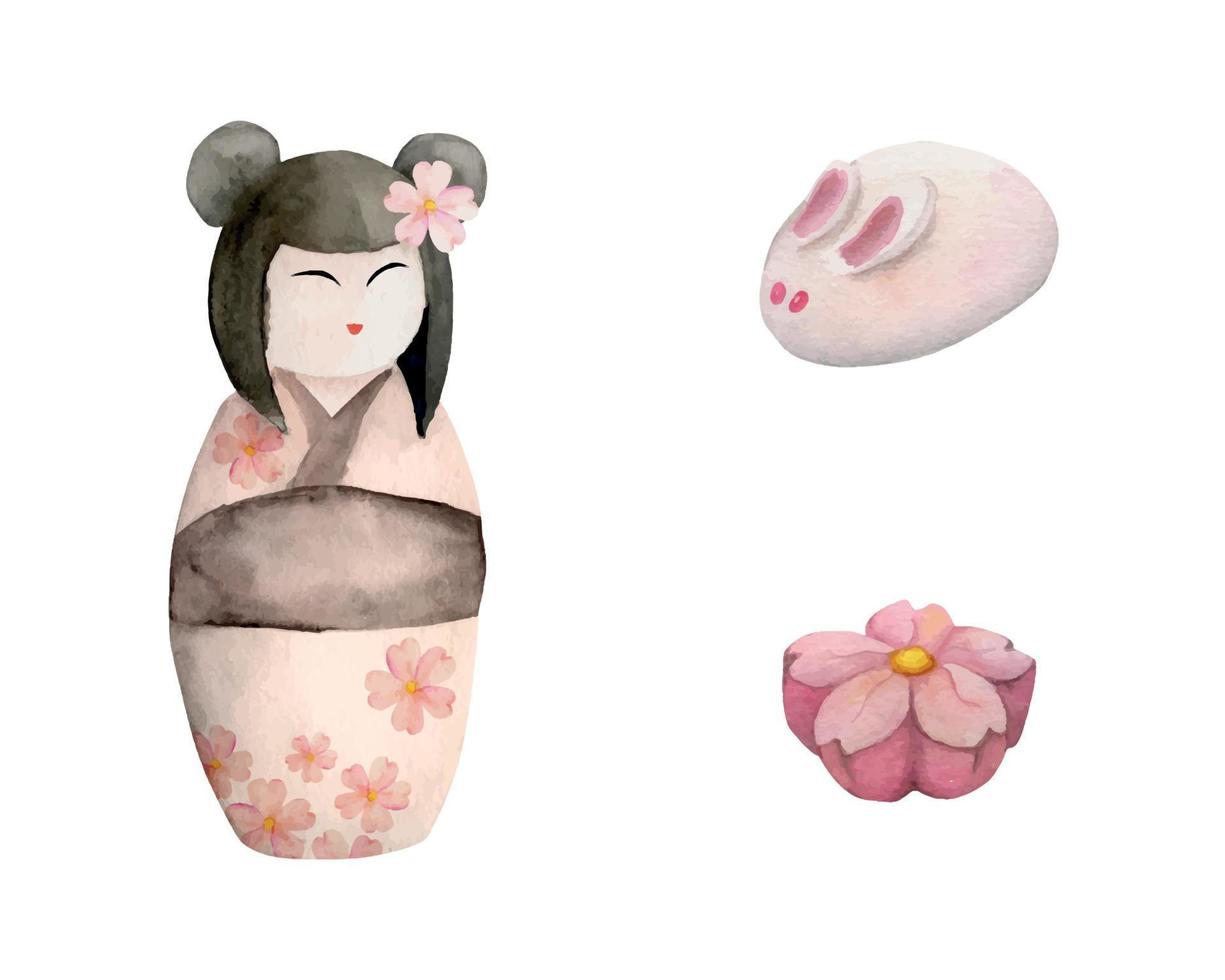 Watercolor hand drawn traditional Japanese sweets. Spring wagashi with kokeshi doll and sakura. Isolated on white background. Design for invitations, restaurant menu, greeting cards, print, textile vector