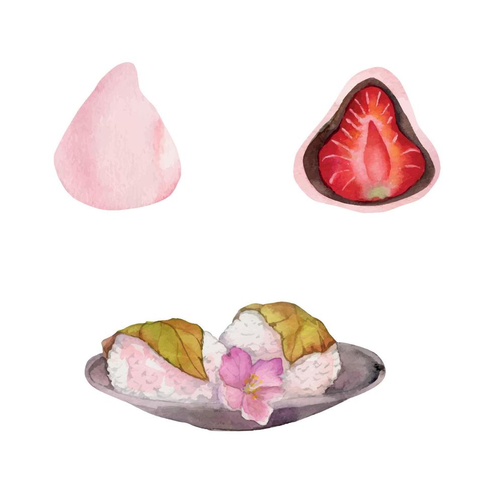 dulces japoneses tradicionales dibujados a mano con acuarela. primavera wagashi, sakura mochi, daifuku, cereza. aislado sobre fondo blanco. diseño para invitaciones, menú de restaurante, tarjetas de felicitación, impresión, textil vector