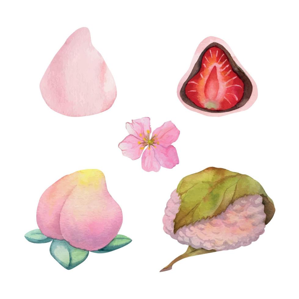 Watercolor hand drawn traditional Japanese sweets. Spring wagashi, sakura mochi, daifuku, cherry. Isolated on white background. Design for invitations, restaurant menu, greeting cards, print, textile vector