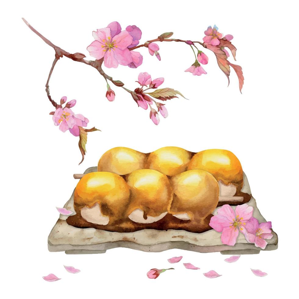 dulces japoneses tradicionales dibujados a mano con acuarela. plato de cerámica, mitarashi dango, flor de sakura. aislado sobre fondo blanco. diseño para invitaciones, menú de restaurante, tarjetas de felicitación, impresión, textil vector