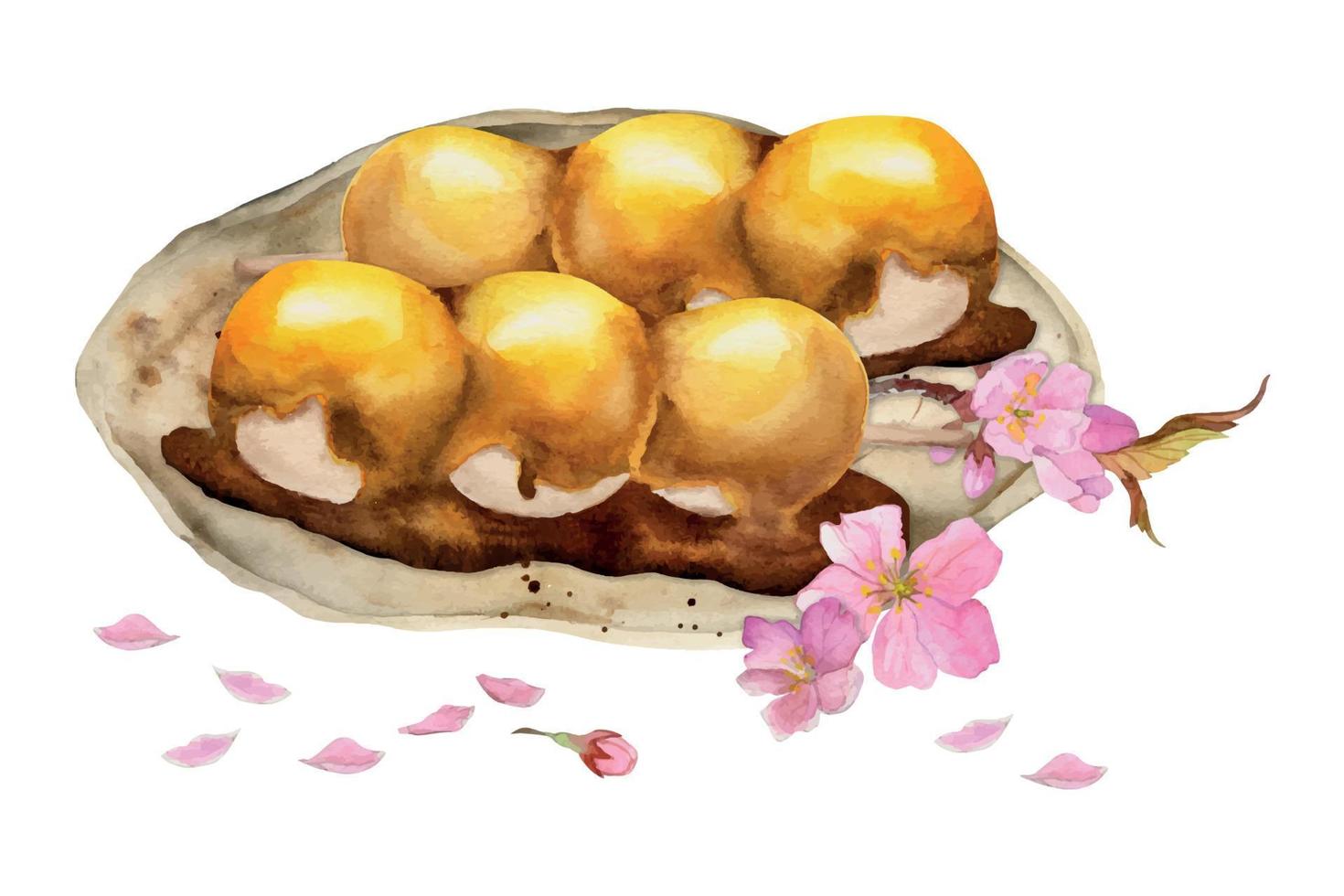 dulces japoneses tradicionales dibujados a mano con acuarela. plato de cerámica, mitarashi dango, flor de sakura. aislado sobre fondo blanco. diseño para invitaciones, menú de restaurante, tarjetas de felicitación, impresión, textil vector