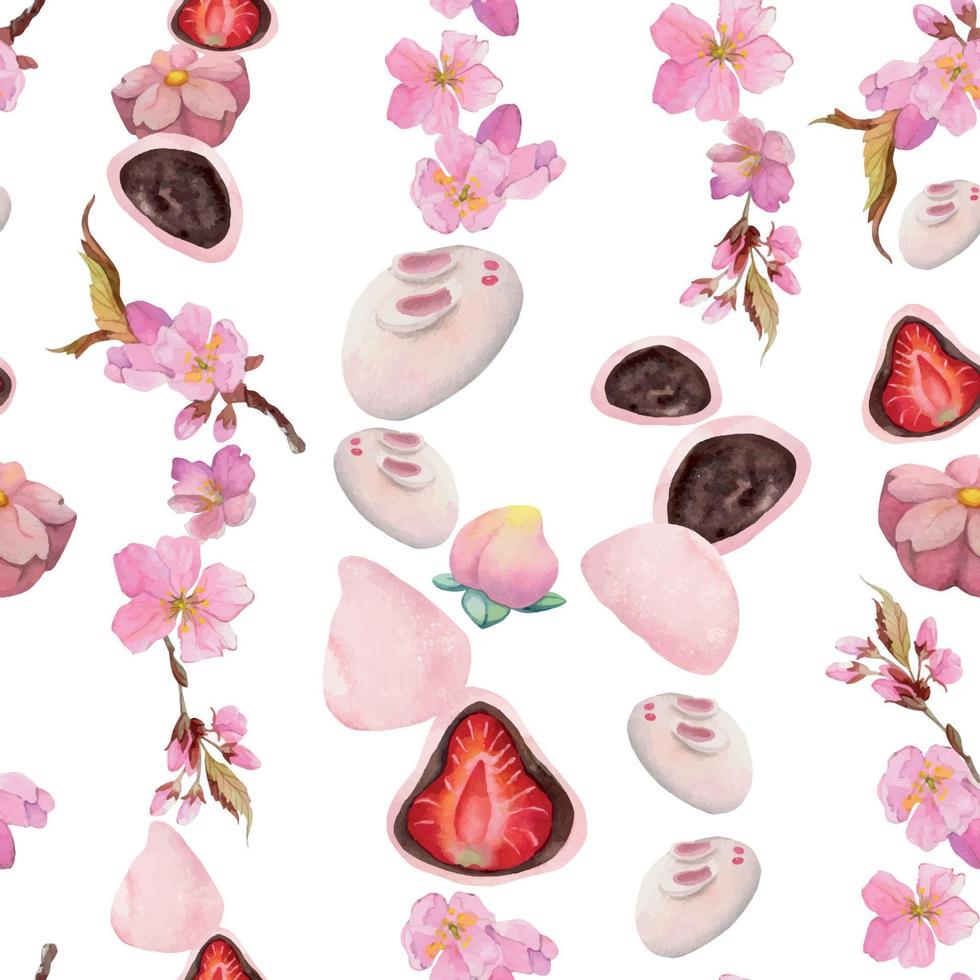 Watercolor seamless pattern with hand drawn traditional Japanese sweets. Wagashi, mochi, sakura blossom Isolated on white background. Invitations, restaurant menu, greeting cards, print, textile vector