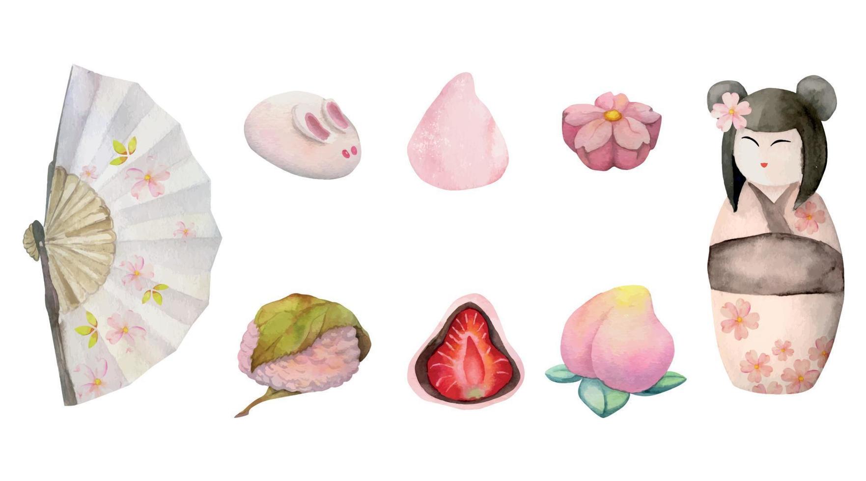 Watercolor hand drawn set of traditional Japanese sweets. Spring wagashi, fans, kokeshi dolls. Isolated on white background. Design for invitations, restaurant menu, greeting cards, print, textile. vector