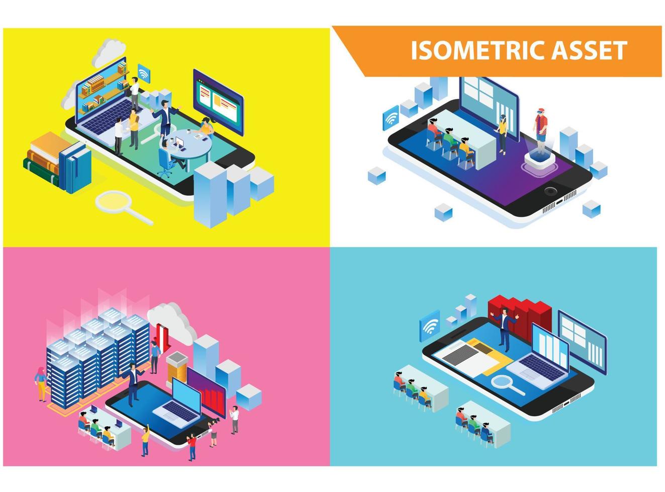 ilustración de tecnología de presentación inteligente de colección de conjunto isométrico 3d moderno en fondo blanco aislado con personas y activos digitales relacionados vector