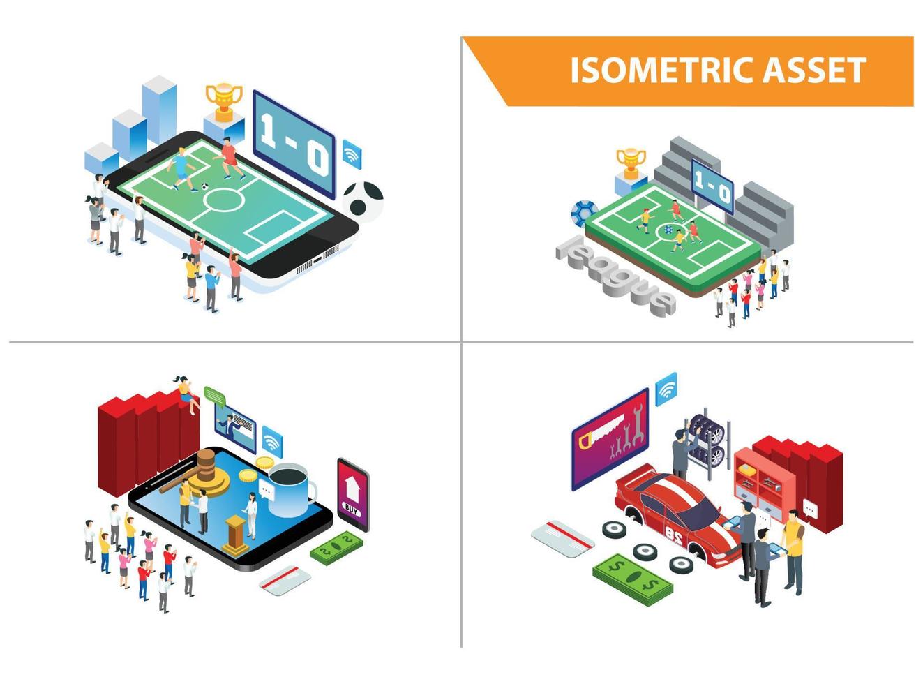 ilustración de tecnología de fútbol en vivo en línea inteligente de colección isométrica 3d moderna en fondo blanco aislado con personas y activos digitales relacionados vector