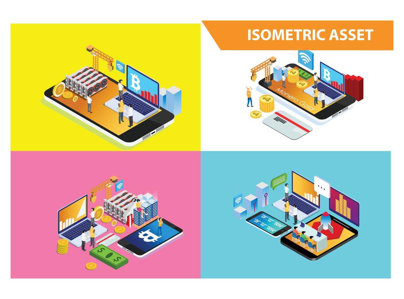 Modern 3d Isometric Set collection Smart Online Mining Technology Illustration in White Isolated Background With People and Digital Related Asset vector