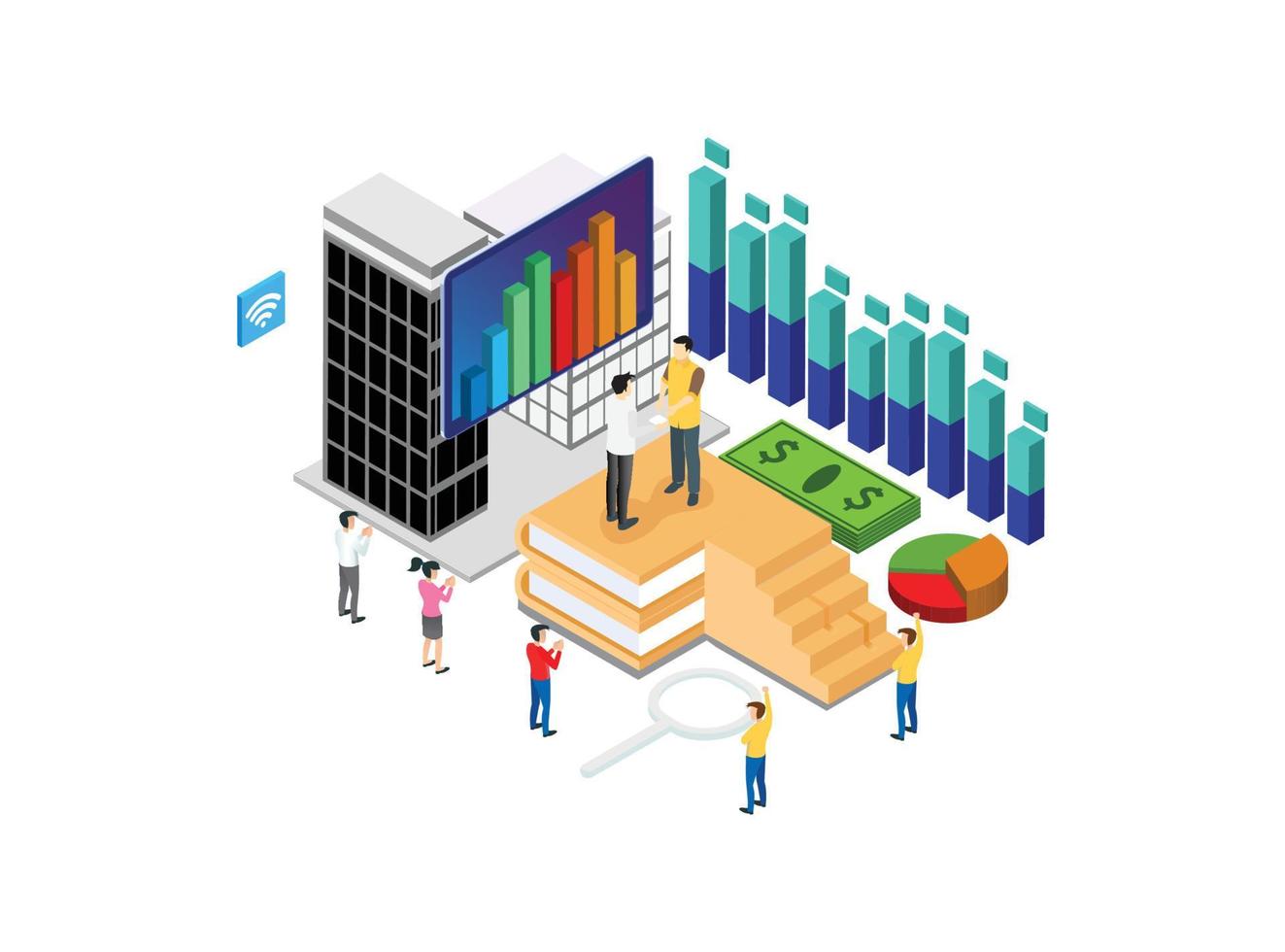 Modern Isometric Business To Business Illustration with colorful Chart, Web Banners, Suitable for Diagrams, Infographics, Book Illustration, Game Asset, And Other Graphic Related Assets vector