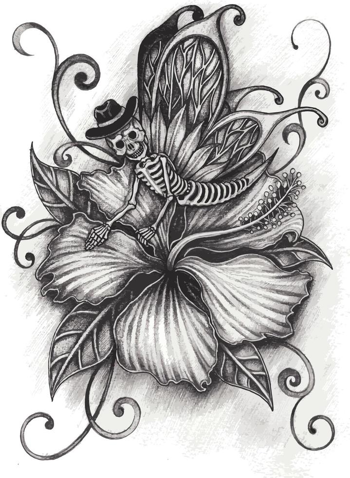Art fantasy surreal butterfly skull tattoo. Hand drawing and make graphic vector. vector