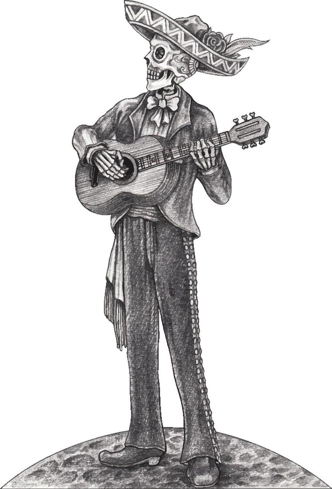 Art fancy mexican skull playing guitar. Hand drawing on paper and make graphic vector. vector