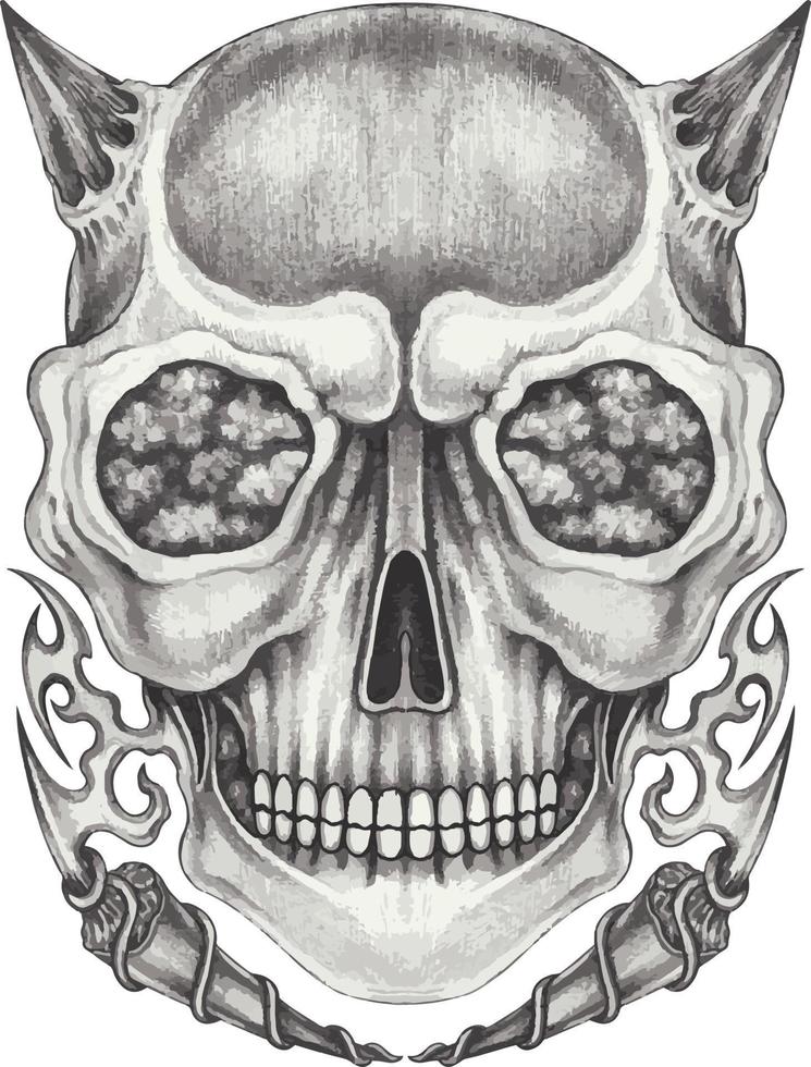 Art surreal devil skull tattoo. Hand drawing and make graphic vector. vector