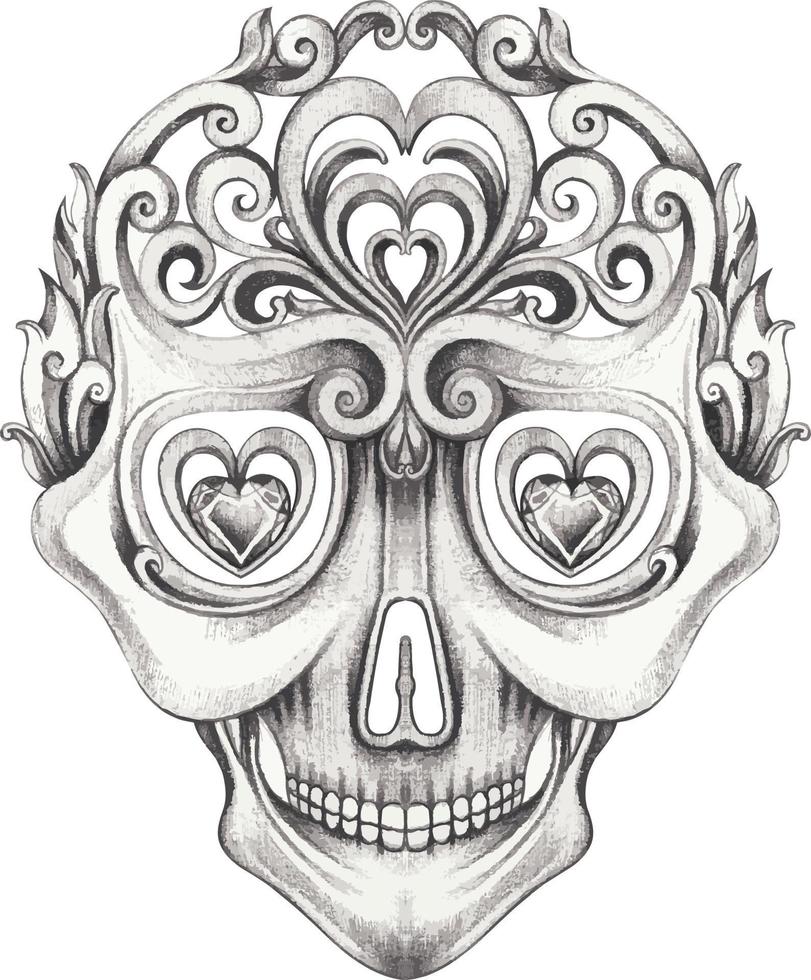 Art vintage mix fancy skull. Hand drawing on paper and make graphic vector. vector