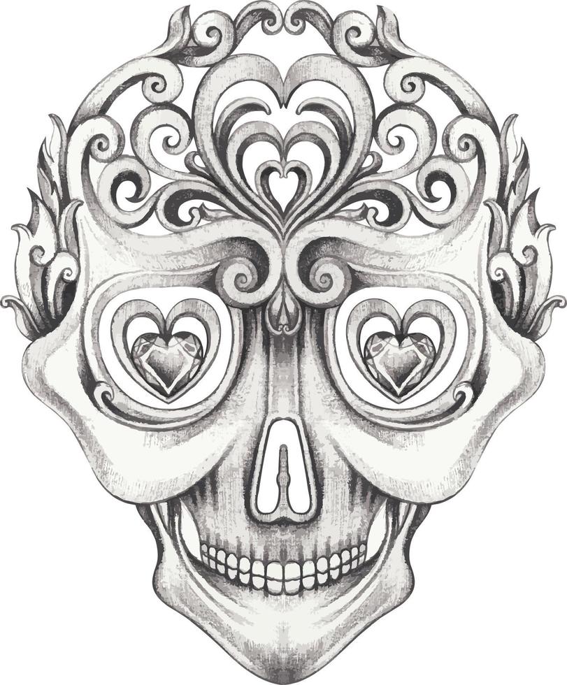 Art vintage mix fancy skull. Hand drawing on paper and make graphic vector. vector